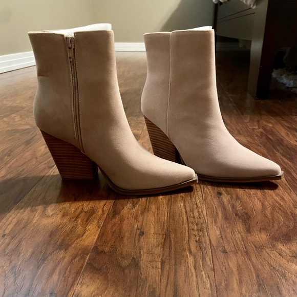 Womens Beige Suede Ankle Booties with Block Heel - Picture 4 of 7